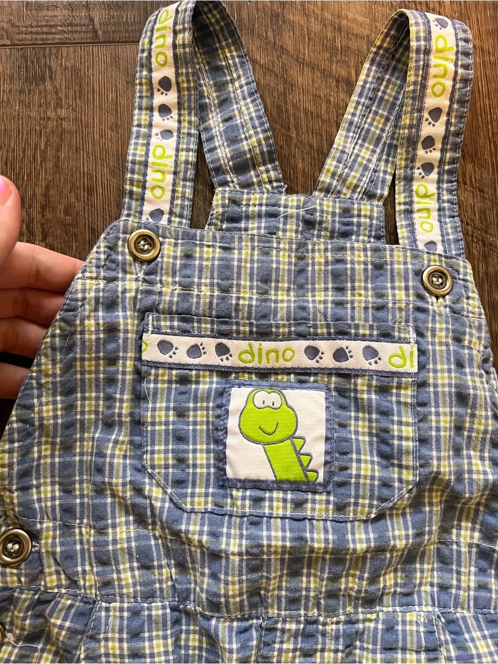 Vintage Toddler Blue Plaid Dino Short Overalls